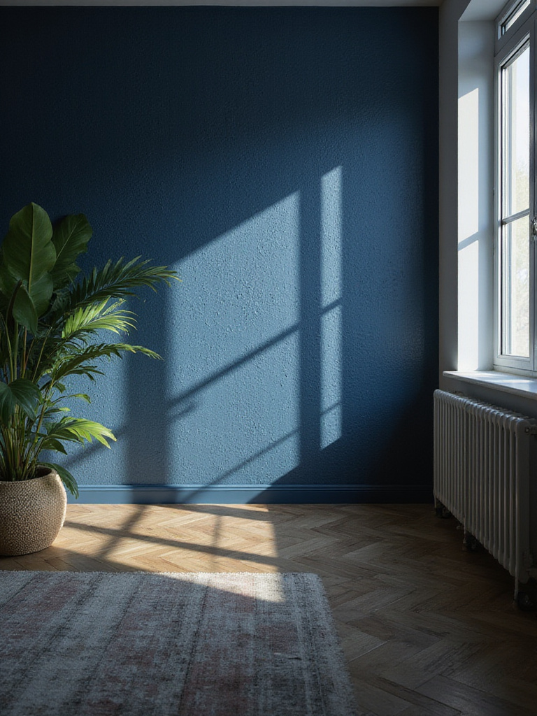 Living room with illuminated wallpaper accent wall showcasing texture and color depth