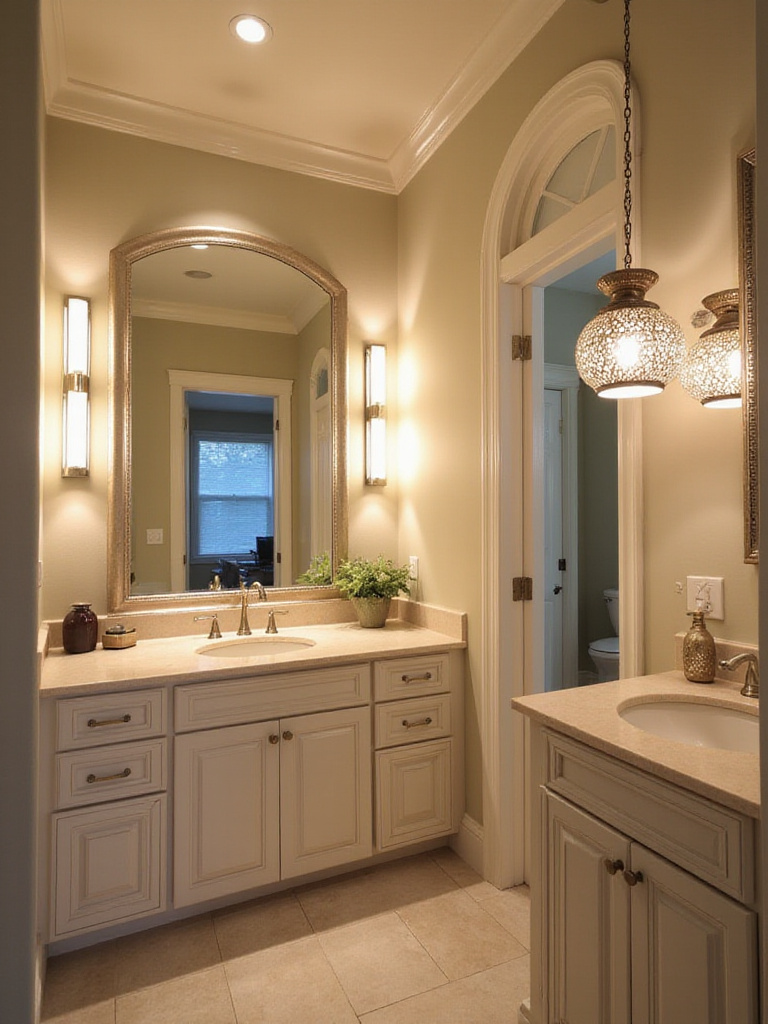 A luxurious bathroom featuring layered lighting solutions.