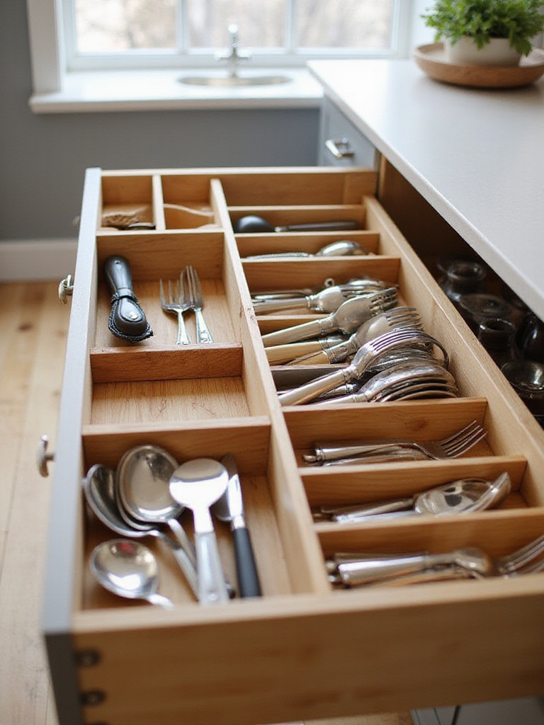 A well-organized kitchen drawer with bamboo dividers and neatly arranged utensils and cutlery.