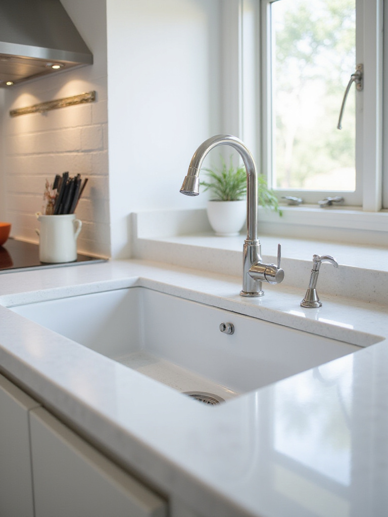 A pristine modern kitchen sink in a bright kitchen setting, showcasing cleanliness and elegance.