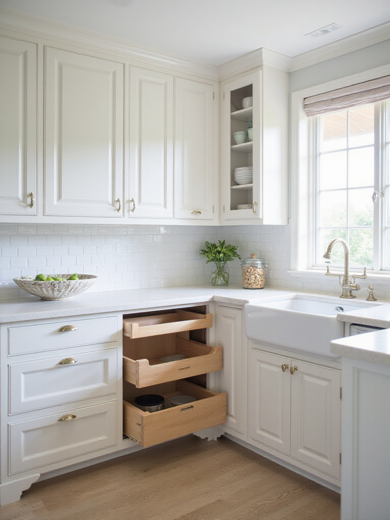 Serene coastal kitchen with smart storage solutions and clean counters