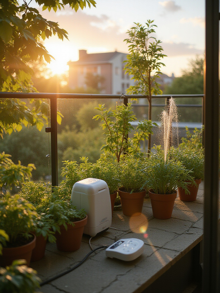 Smart watering system in a balcony garden with various potted plants