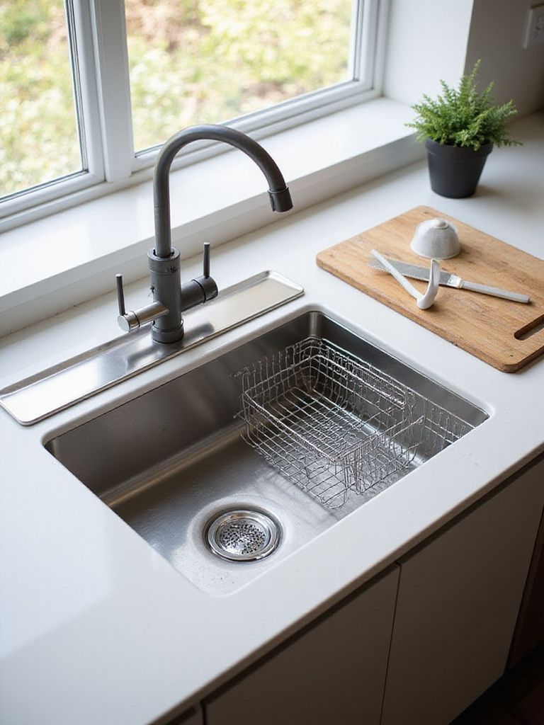 A modern kitchen sink with integrated accessories including a cutting board and colander.