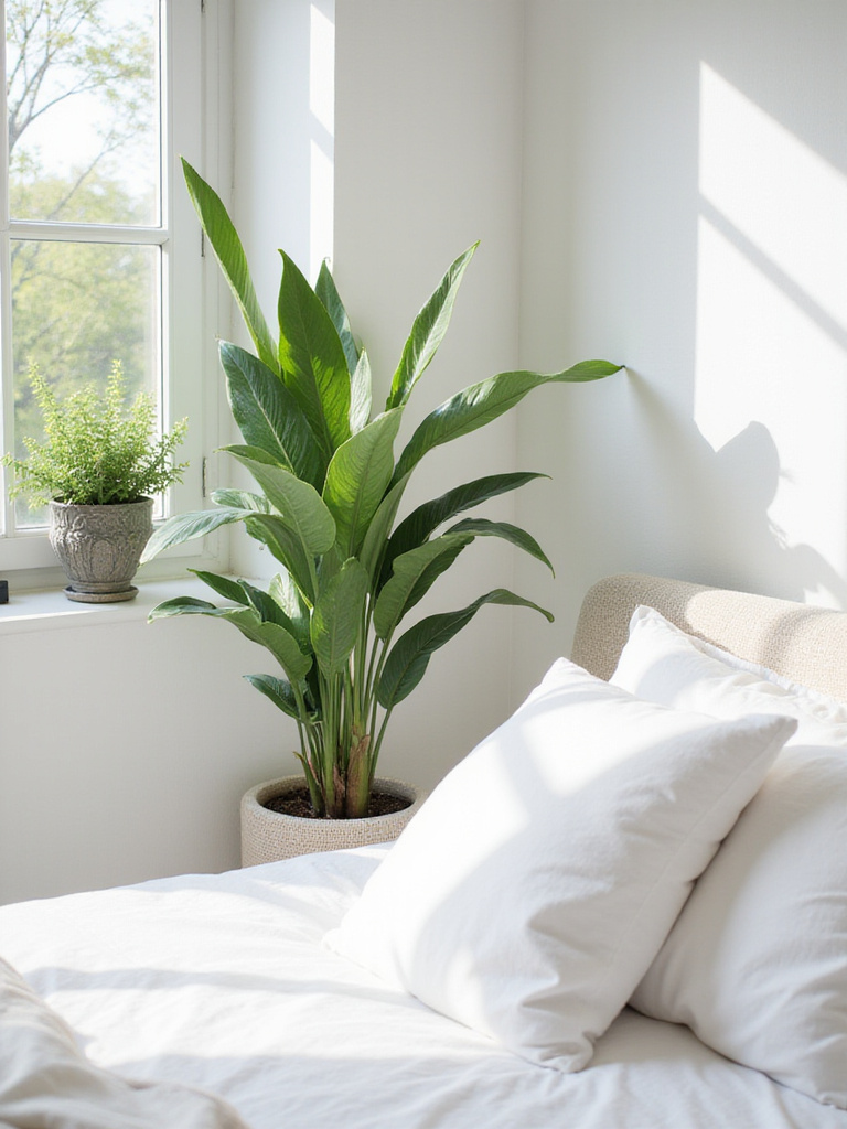 Serene white bedroom with lush indoor plants