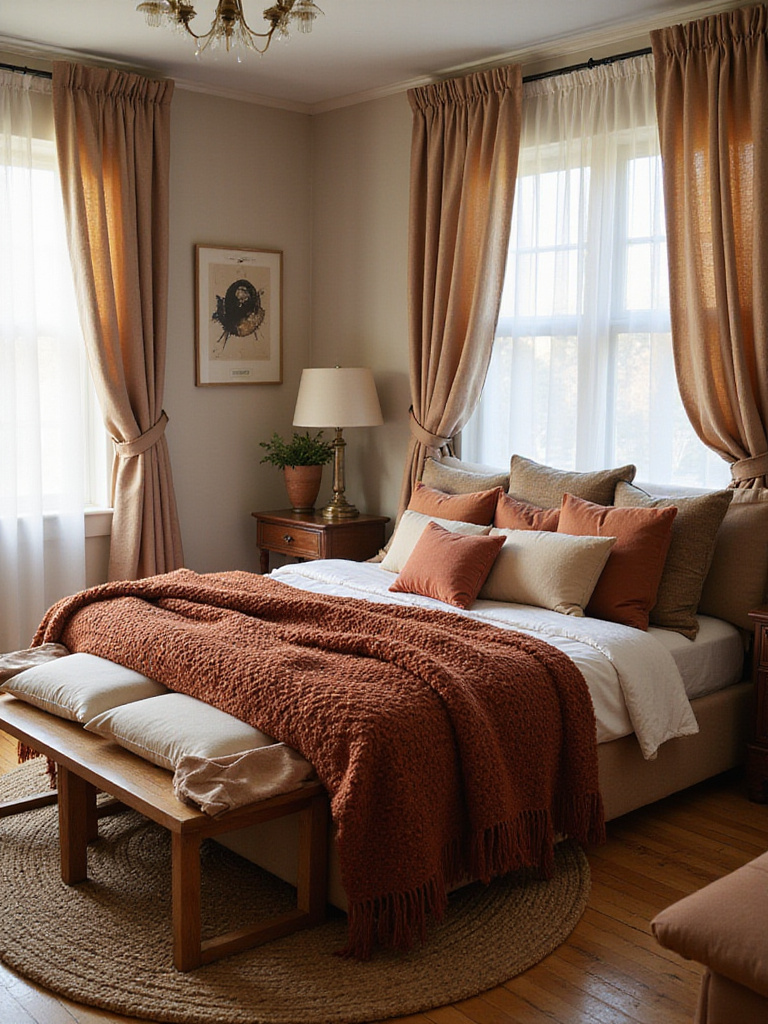 A cozy bedroom scene featuring various lush textiles including a chunky knit throw, decorative pillows, flowing curtains, and a textured rug.