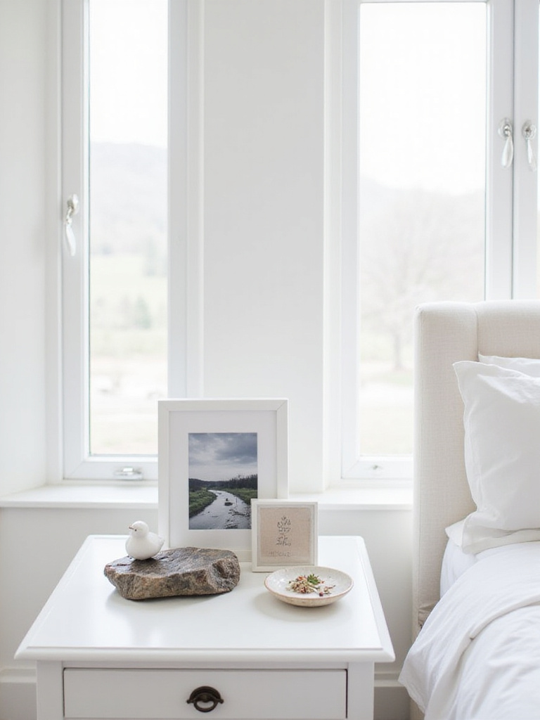 A beautifully arranged bedside table in a white bedroom featuring sentimental keepsakes.