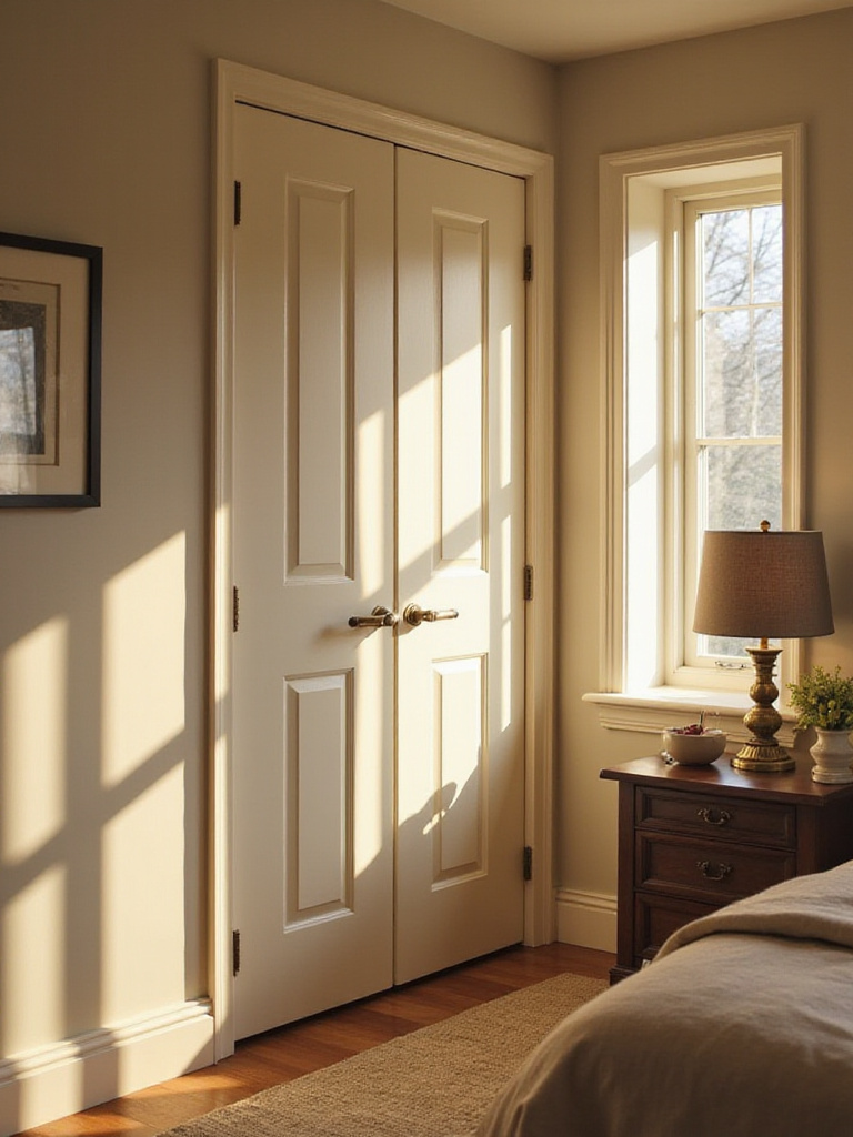 Upgraded interior bedroom door with modern design and warm lighting