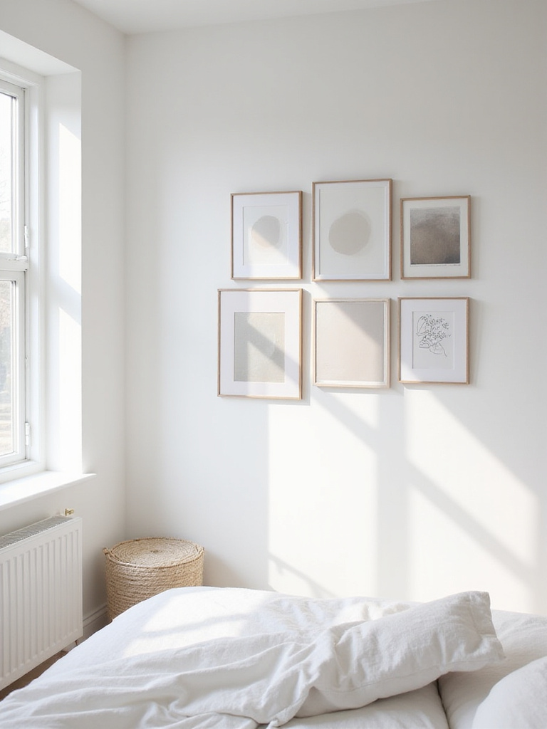 Gallery wall with neutral art in a serene white bedroom