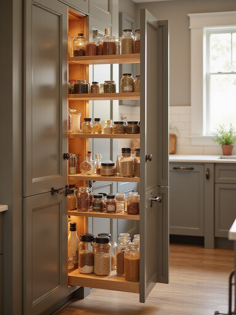 Modern kitchen with pull-out pantry shelves fully extended, showcasing organized food items.