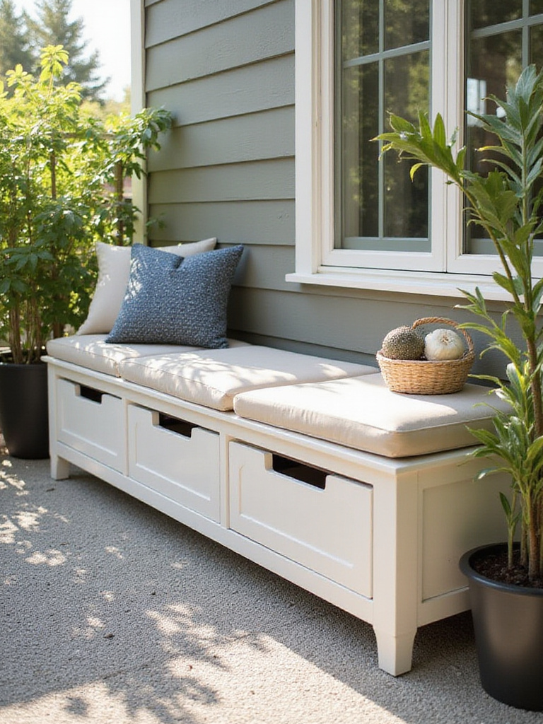 Smart storage bench seating on a balcony with plants and decor