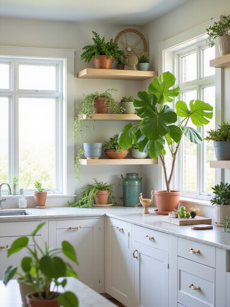 A serene coastal kitchen with potted houseplants, featuring a Fiddle Leaf Fig and succulents.