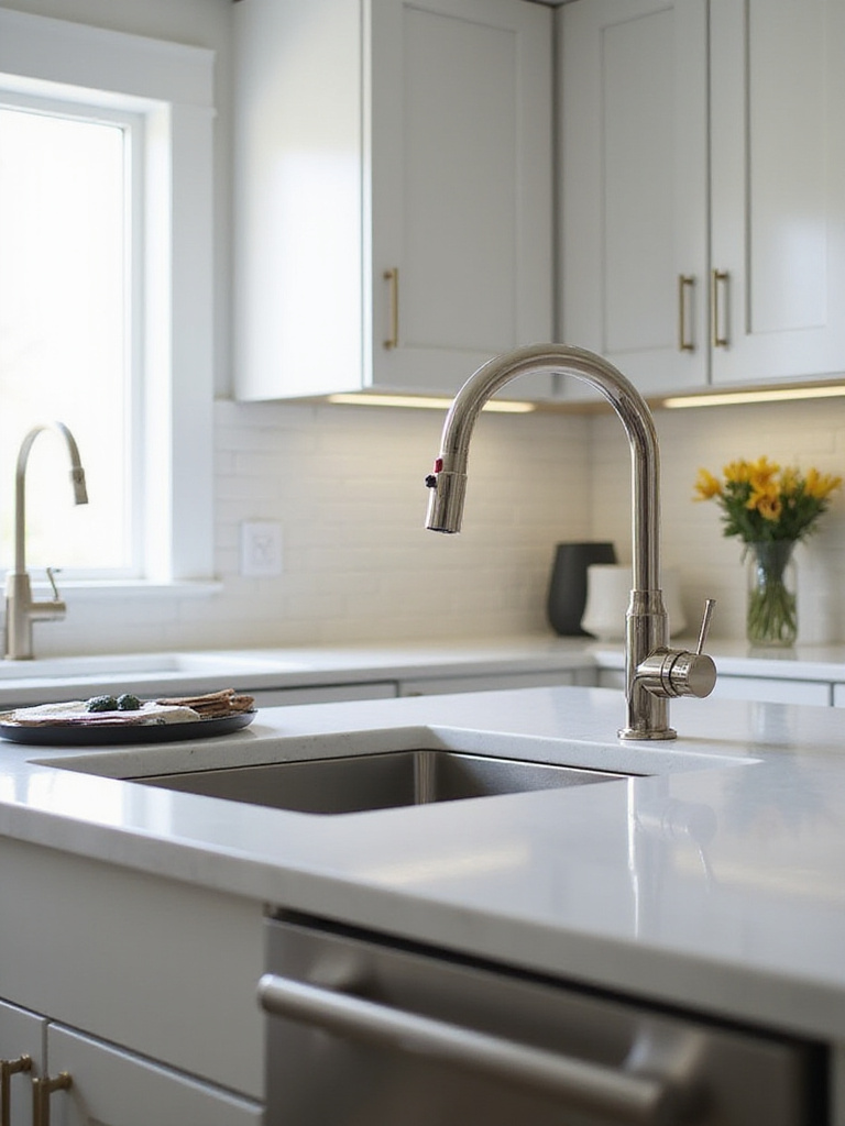 Modern kitchen with touchless faucet installed at the sink