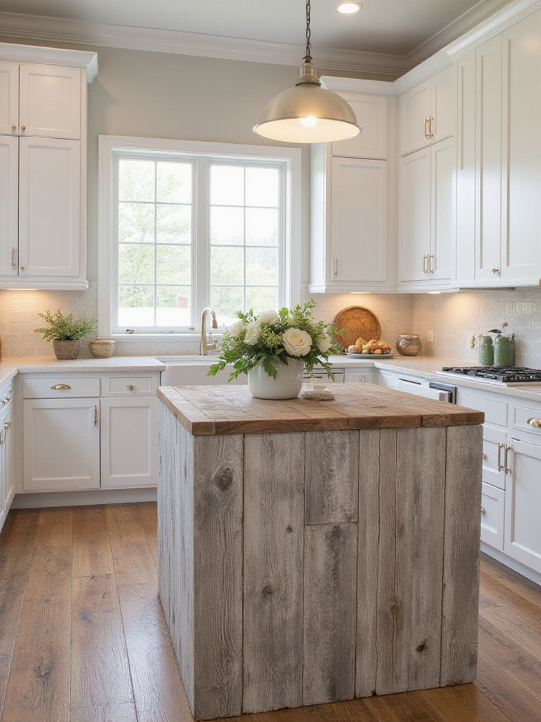 Coastal kitchen featuring weathered wood island and white cabinetry