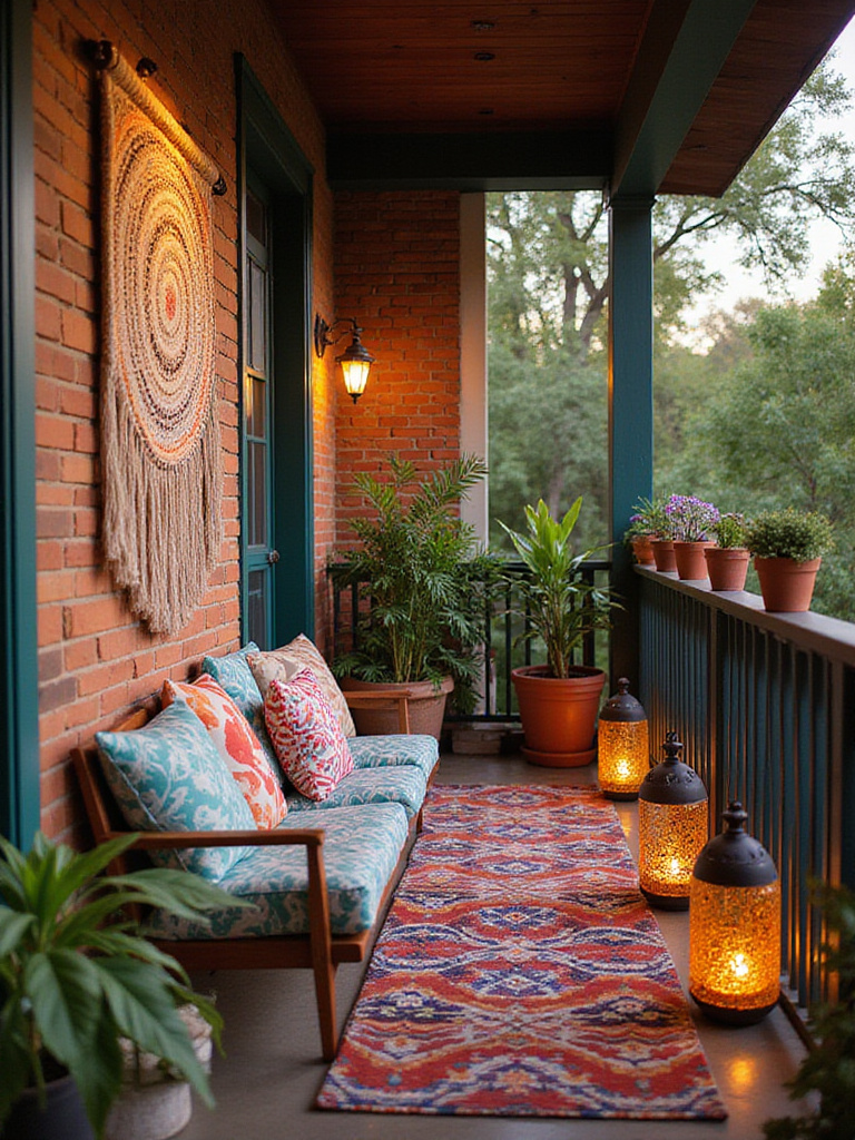 A beautifully decorated balcony with outdoor art and themed decor.