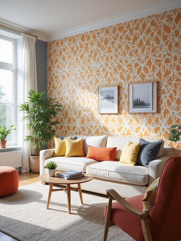 Living room with bold geometric wallpaper accent wall and stylish decor