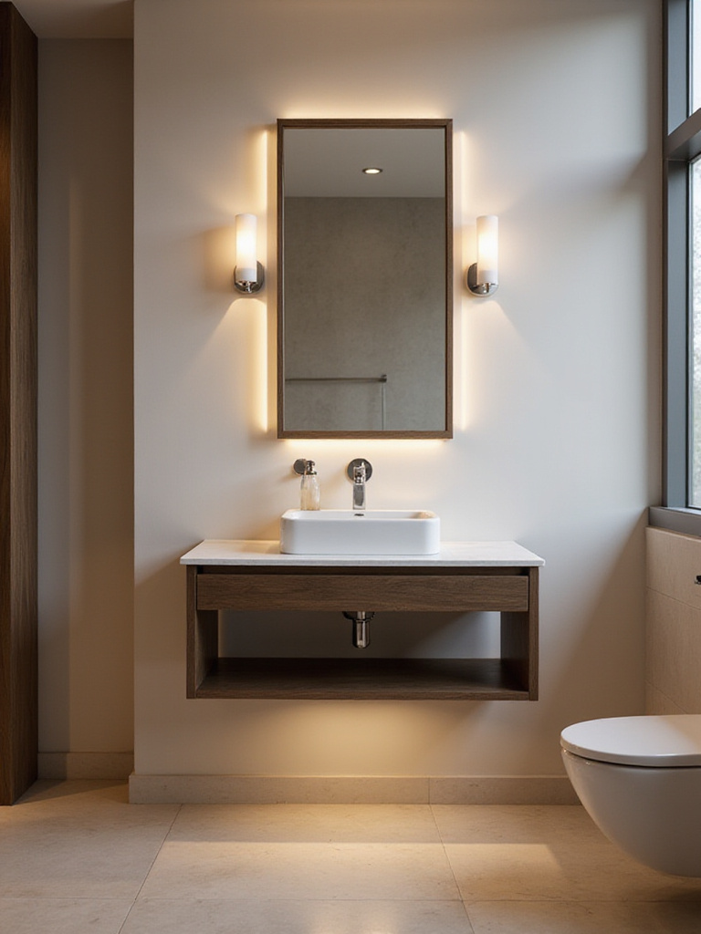 Modern bathroom featuring a floating vanity with open floor space beneath.