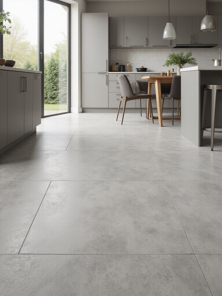 Modern kitchen with large-format porcelain flooring in matte grey.