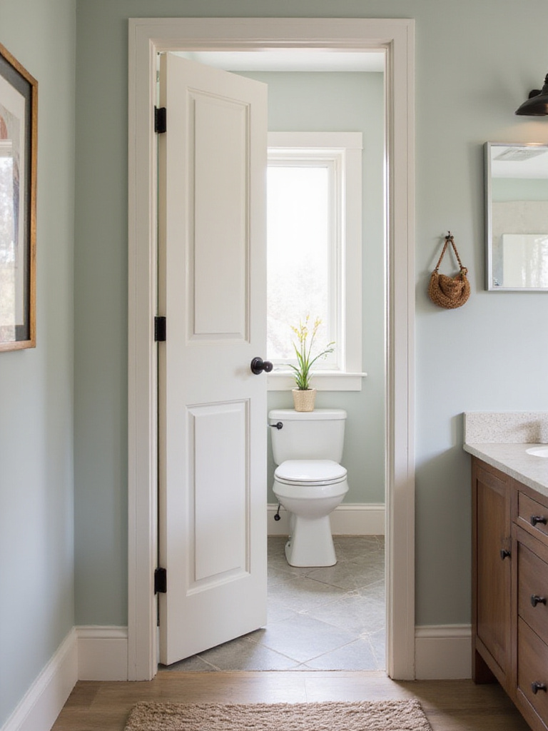 Small bathroom featuring a stylish pocket door fully opened, showcasing maximized wall space.