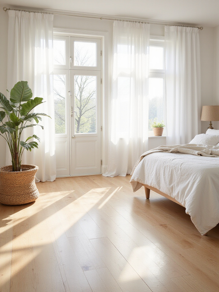 A serene white bedroom with light oak hardwood flooring reflecting natural light.