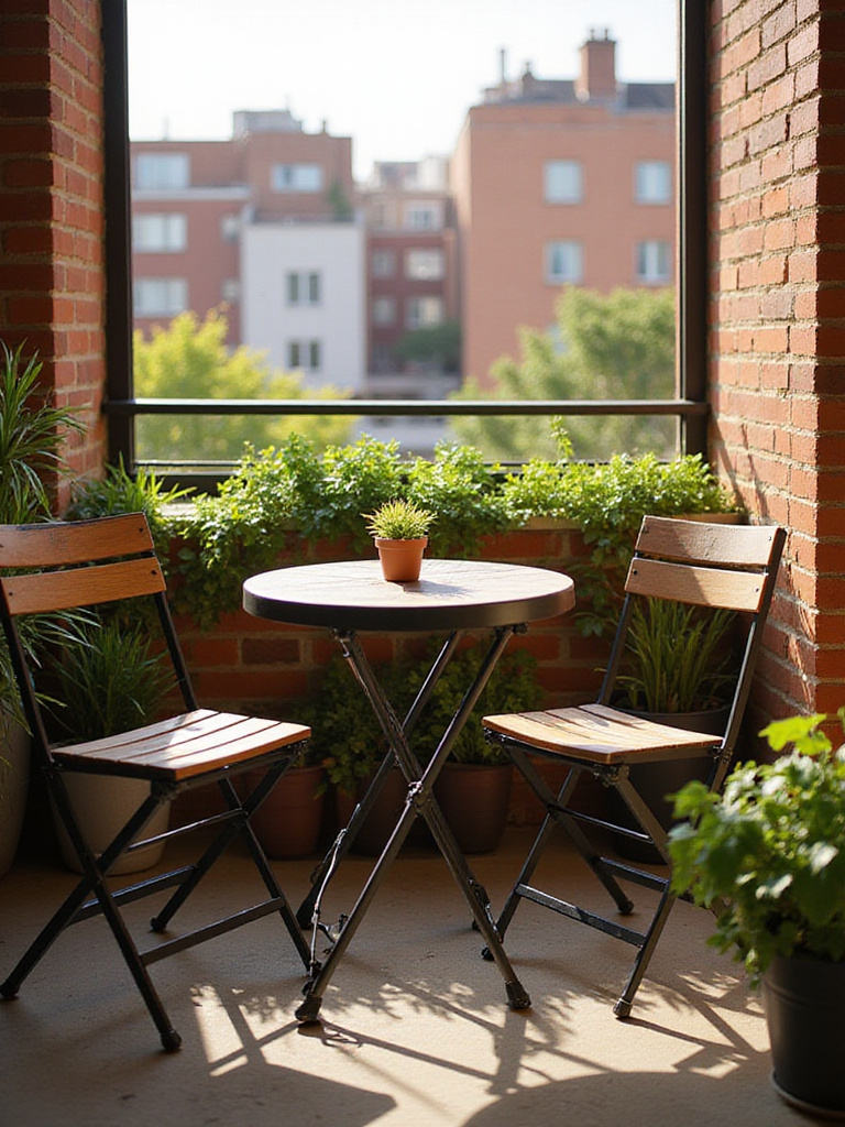 A compact foldable bistro set on a small balcony, featuring a two-person table and chairs.