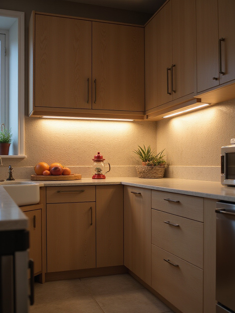 Bright and modern kitchen with under-cabinet lighting illuminating countertops