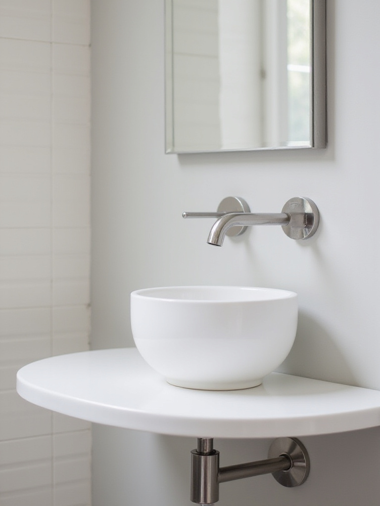 Small bathroom with wall-mounted faucet above a vessel sink, showcasing free counter space.