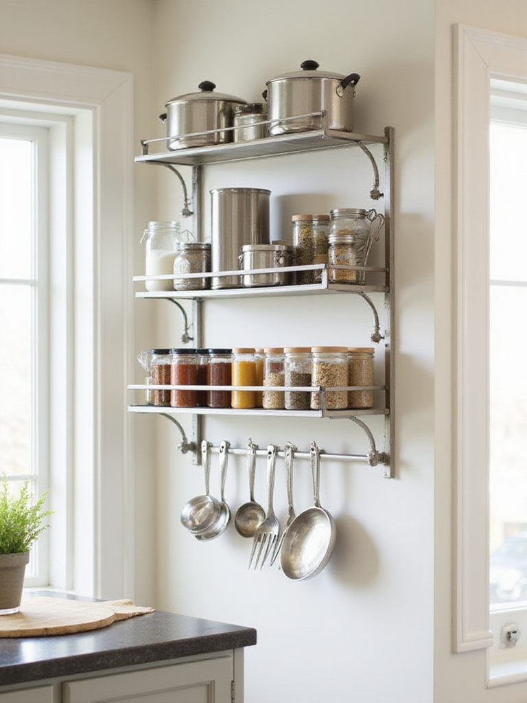 Organized kitchen with wall-mounted racks holding pots, utensils, and colorful spice jars.