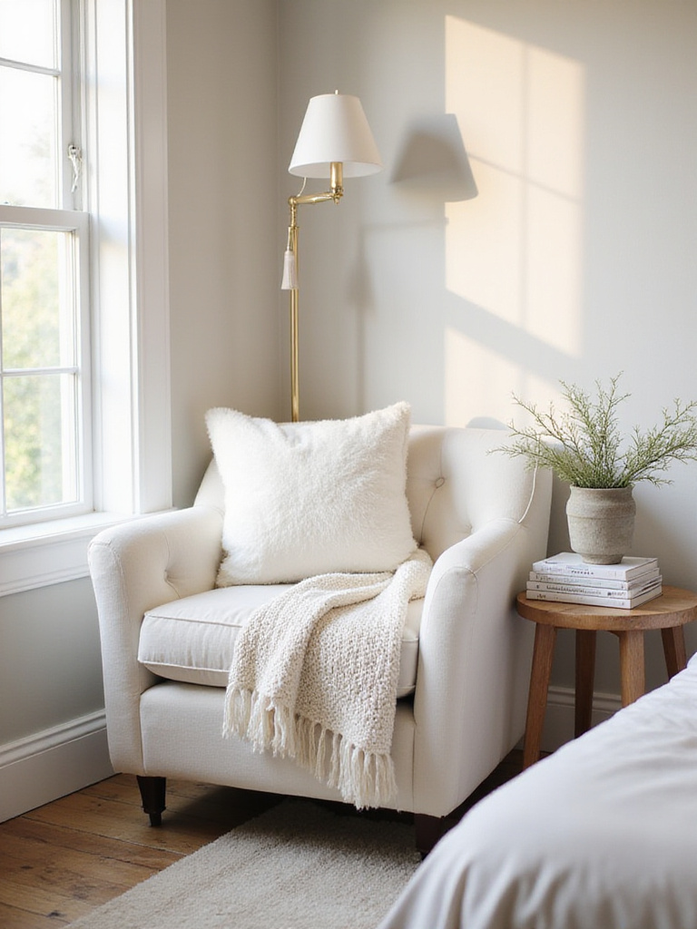 Cozy reading nook with white seating in a serene bedroom corner
