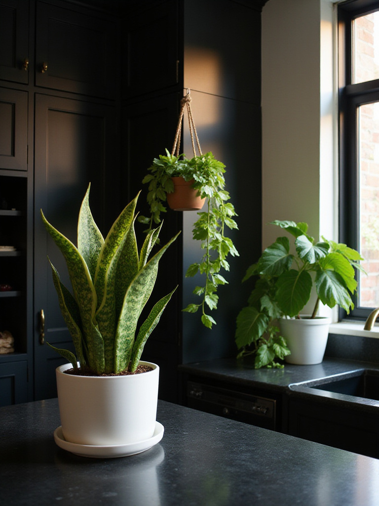 Chic black kitchen with lush green plants adding softness and life