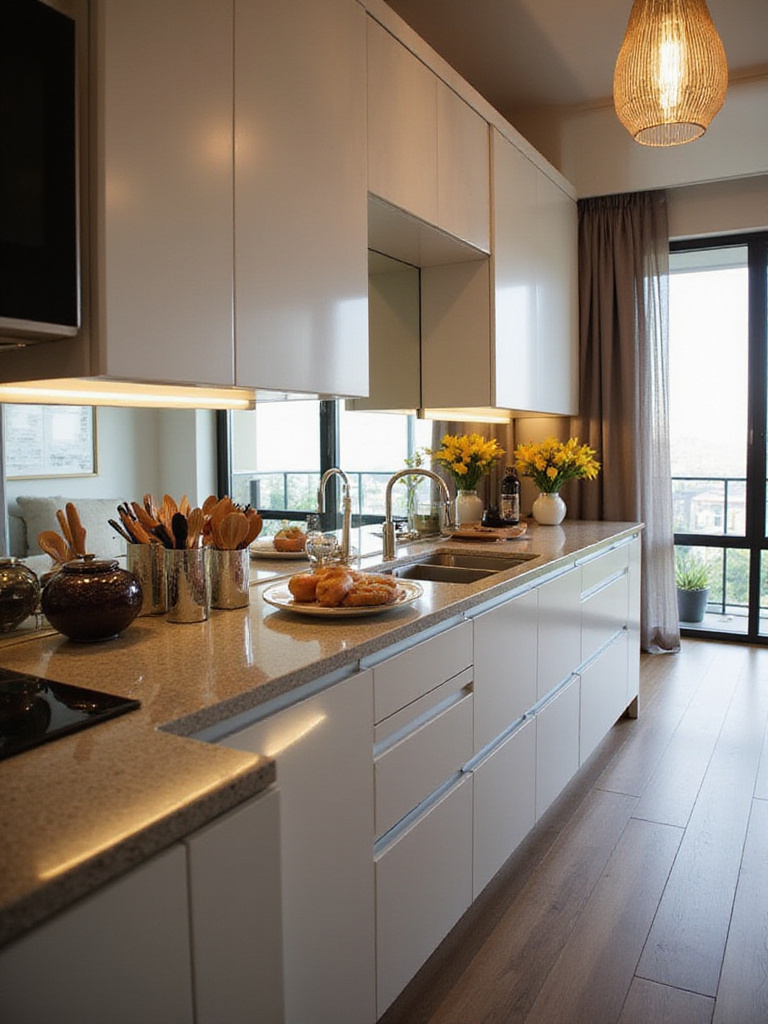 Modern kitchen with mirrored backsplash reflecting light and creating a spacious feel