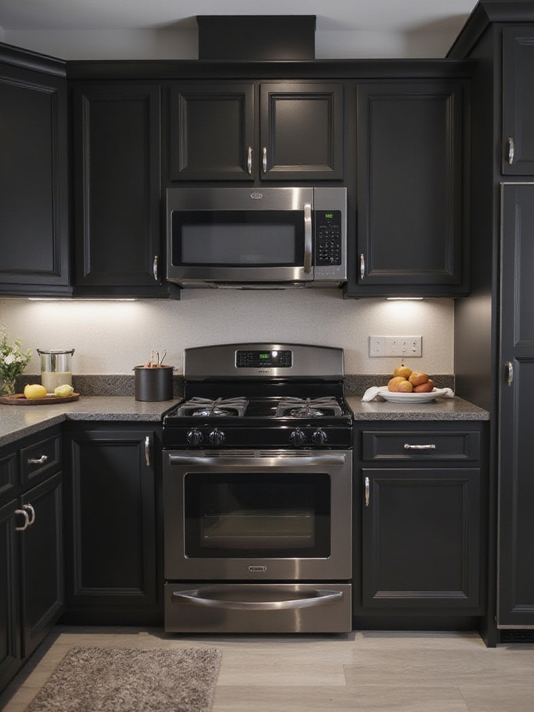Modern kitchen with black stainless steel appliances and dark cabinetry