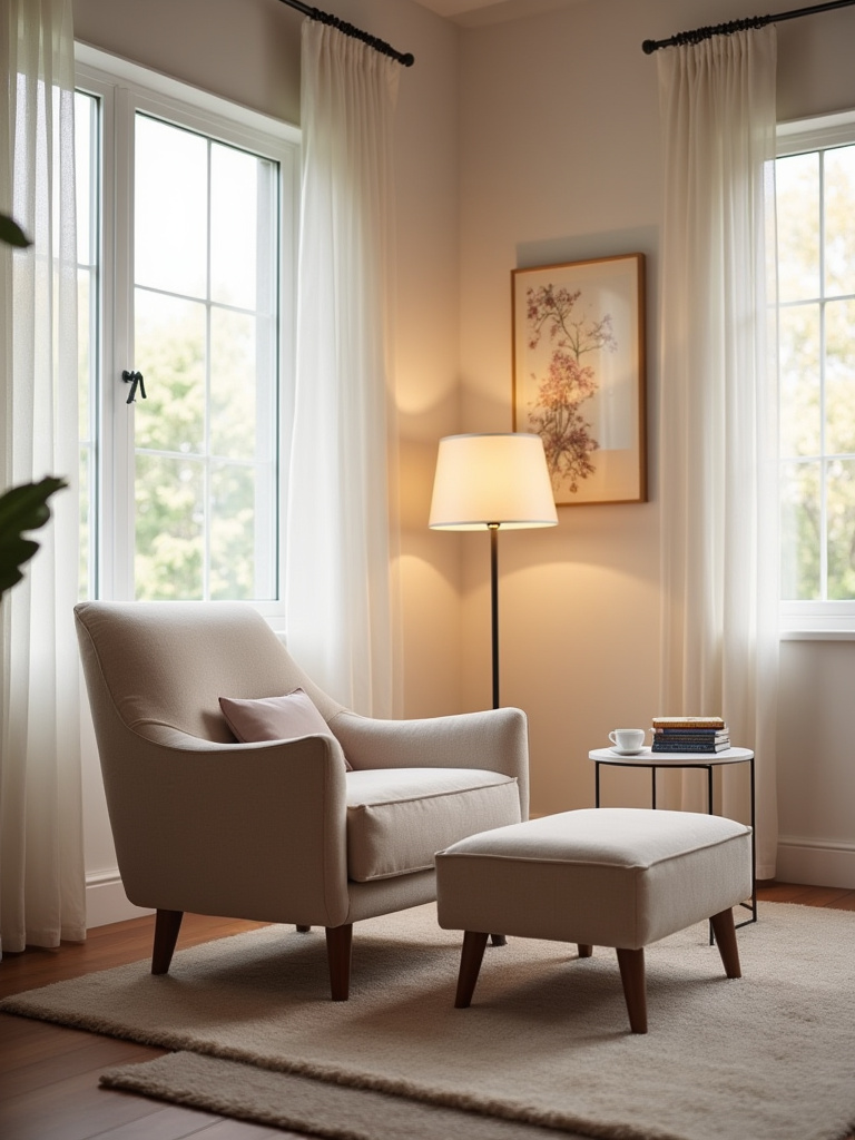 Cozy bedroom seating area with an armchair, ottoman, and warm lighting for reading