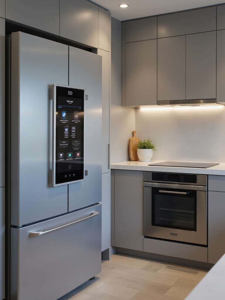 Modern kitchen with smart appliances and ambient lighting.