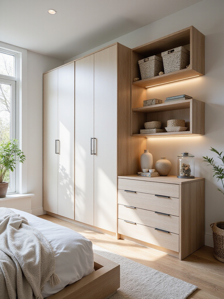 Organized bedroom with smart storage solutions including a platform bed with drawers and wall-mounted shelves.