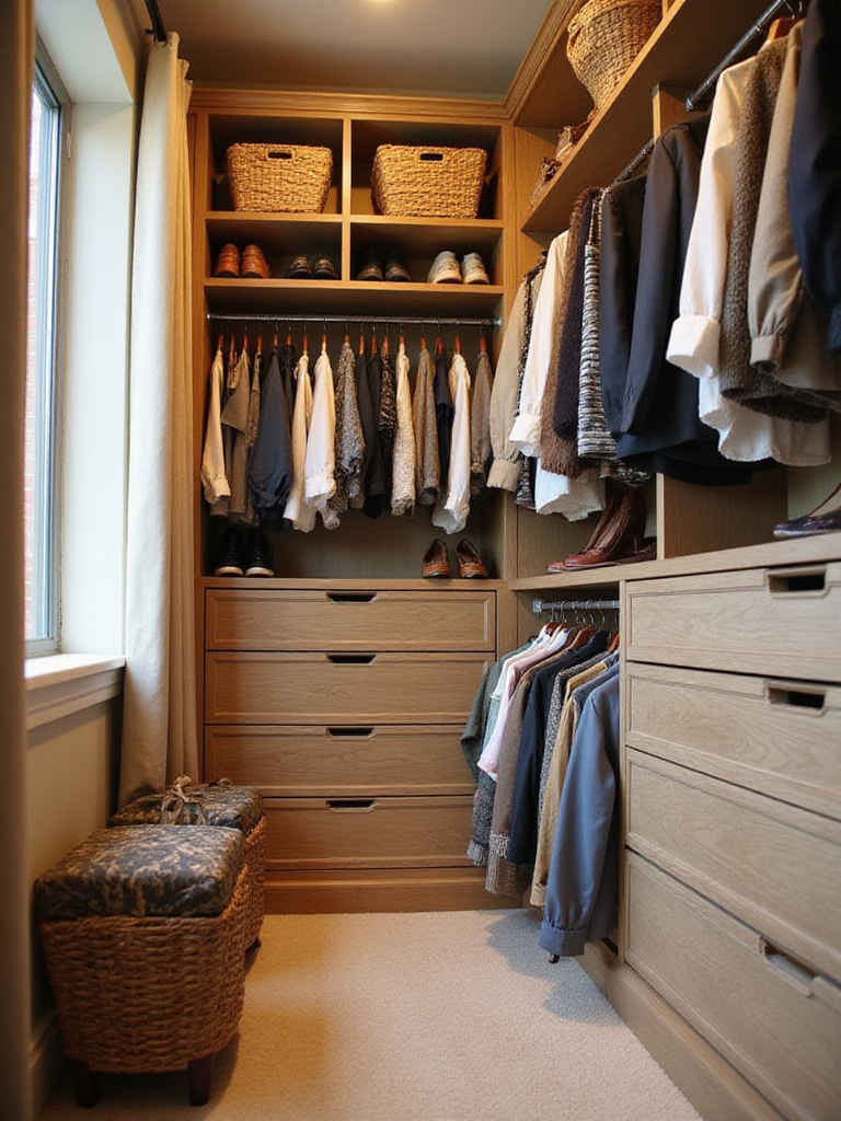 Custom closet system with organized shelves and storage solutions.