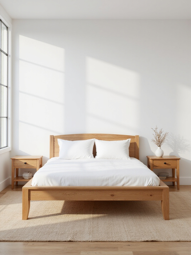 Serene white bedroom featuring warm wood tones for natural comfort.