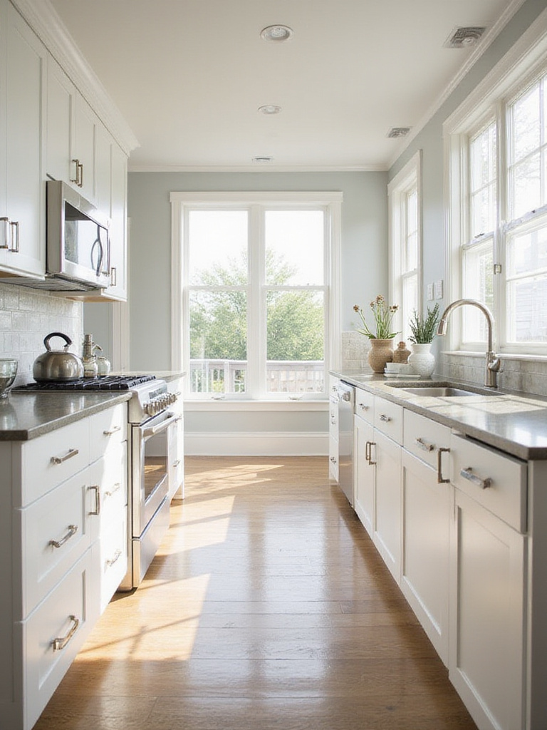 A beautifully designed coastal kitchen with integrated white and panel-ready appliances.