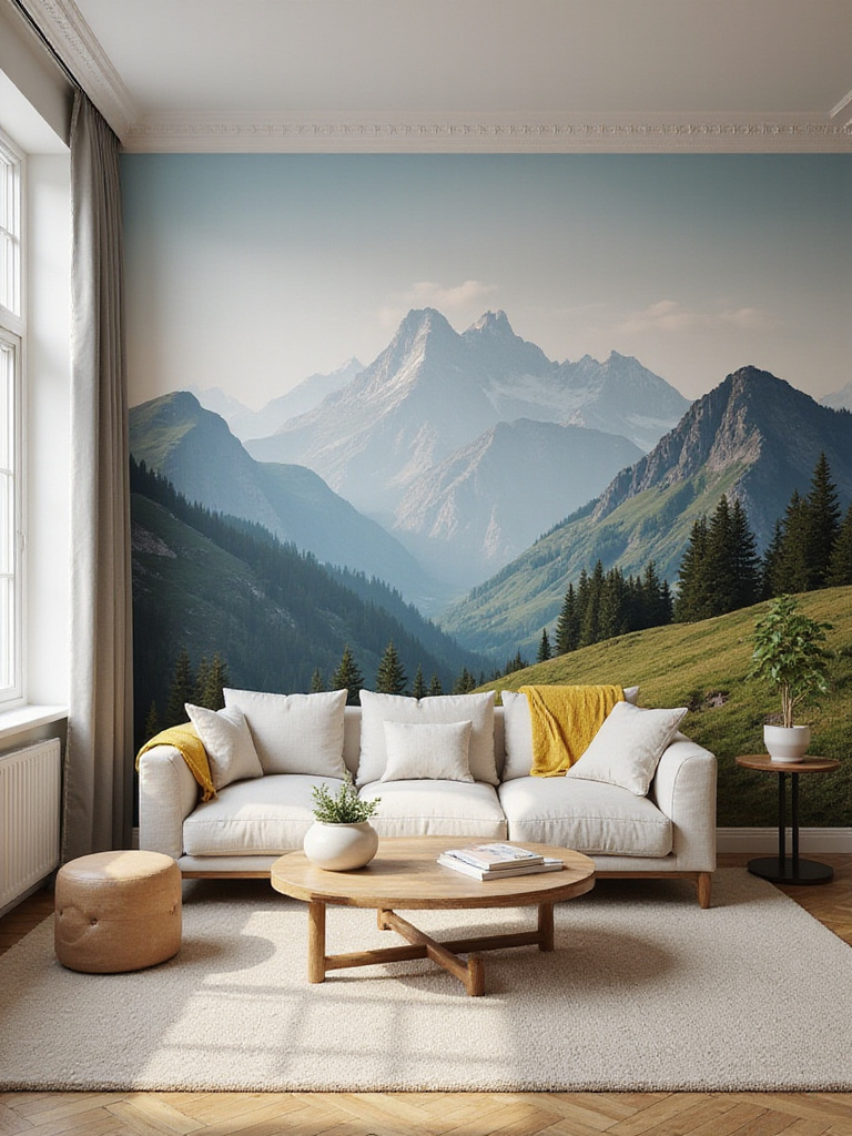 Living room with a serene mountain mural wallpaper accent wall