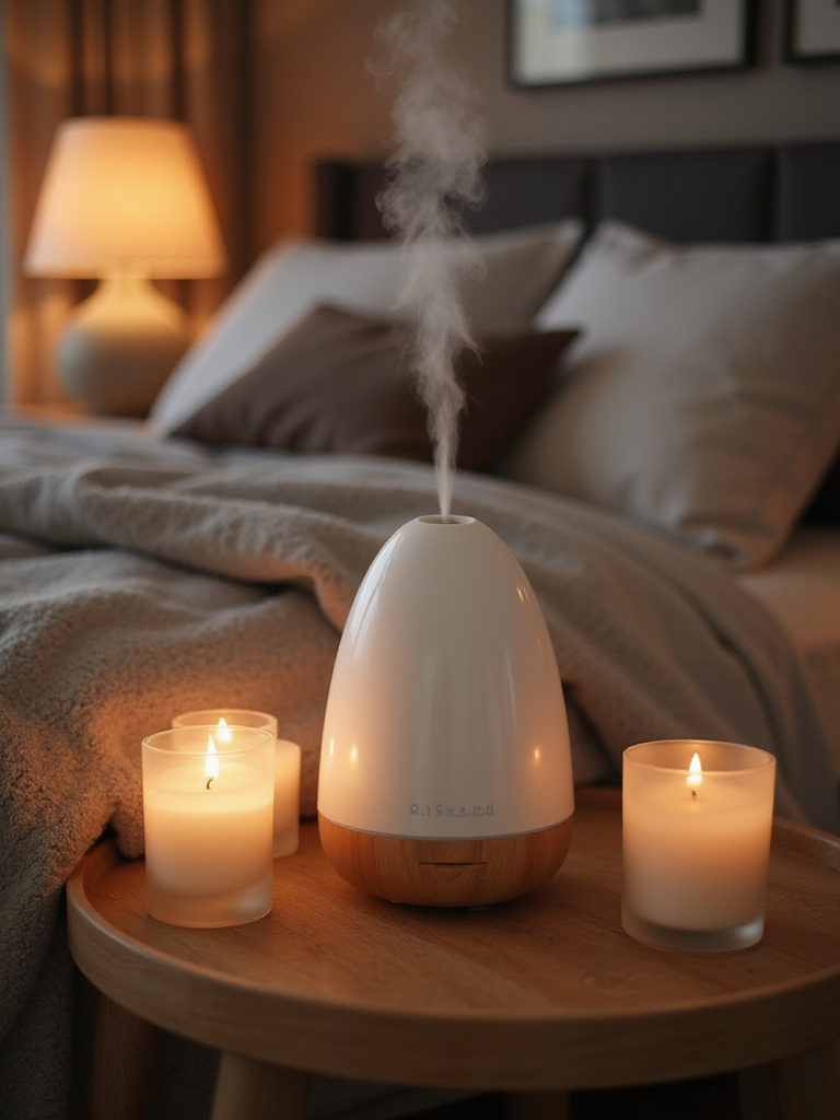 A calming bedroom scene featuring an ultrasonic diffuser and candles creating a tranquil atmosphere.