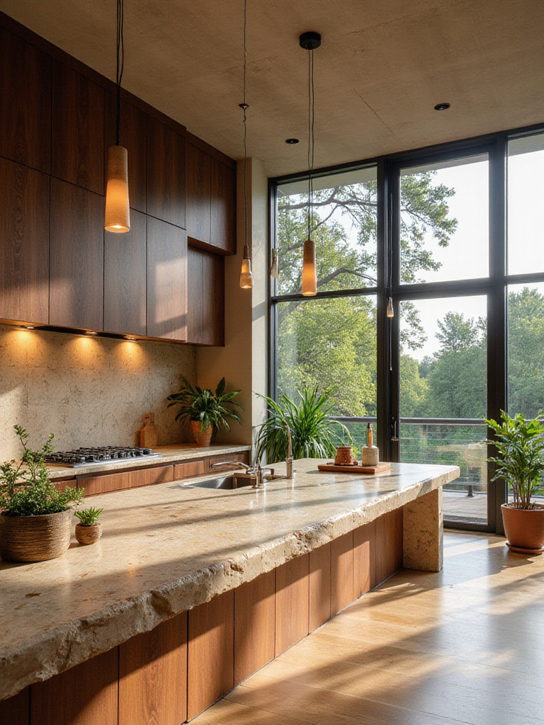 Modern kitchen with natural elements for warmth, featuring walnut cabinetry and potted plants.