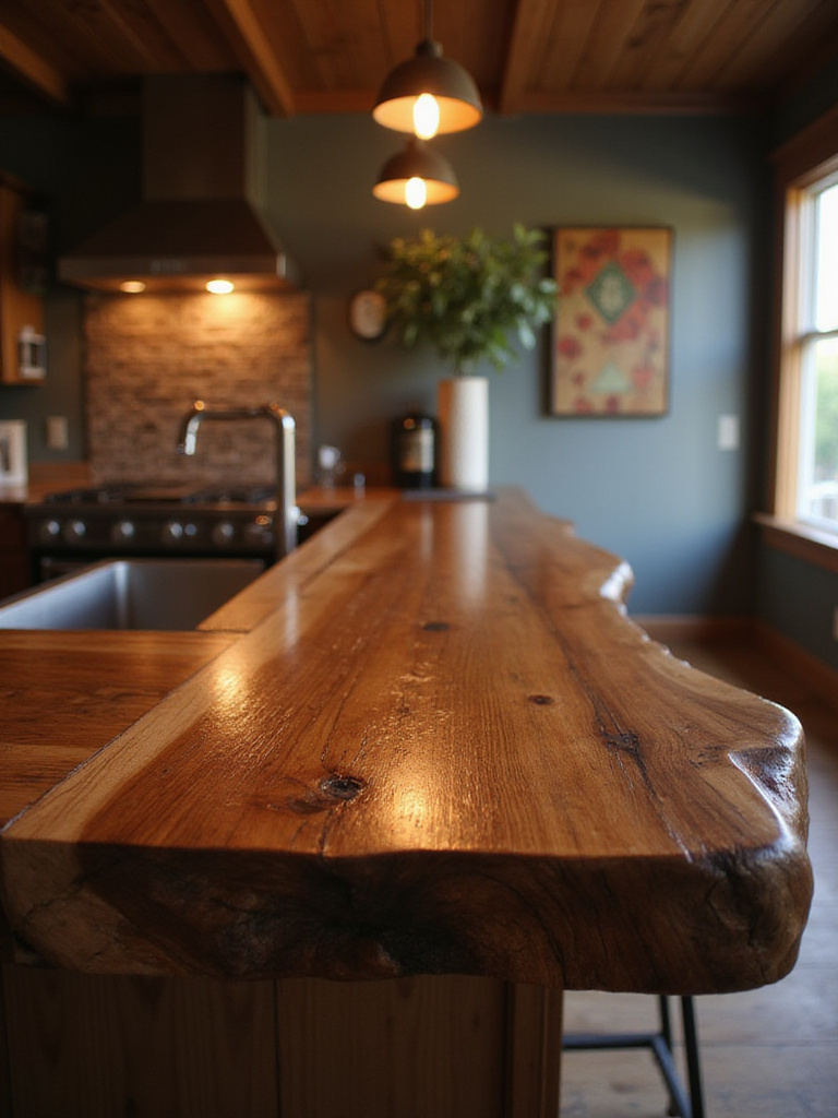 Rustic kitchen with sustainable wood bar top showcasing unique grain and warm lighting