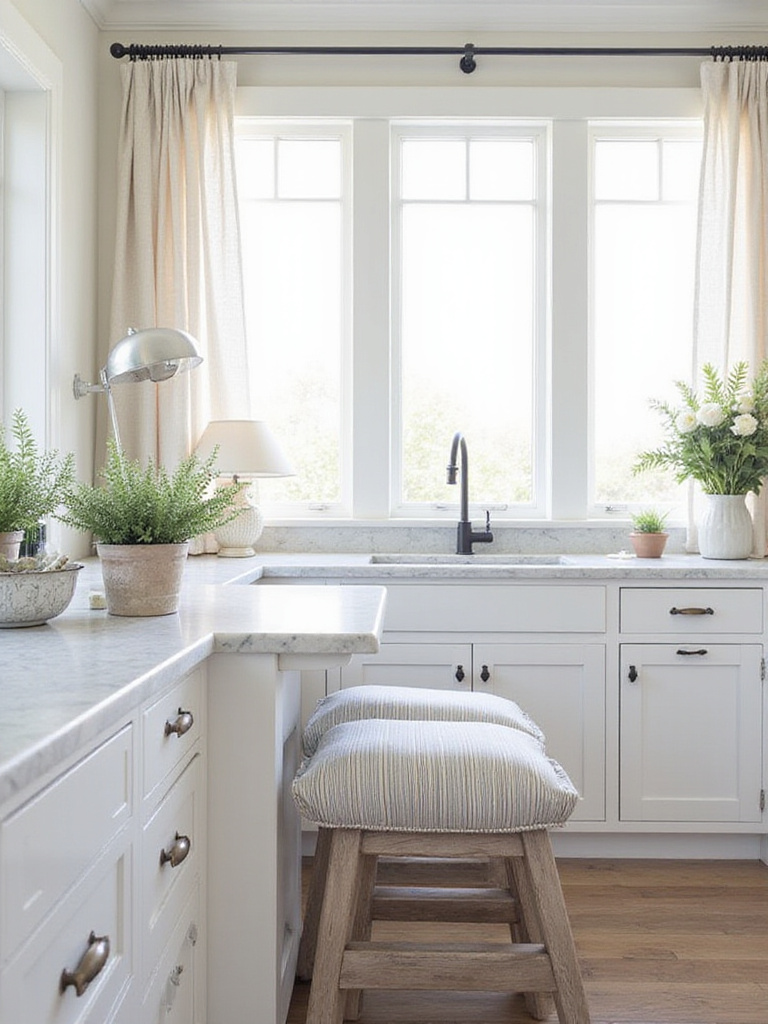 Coastal kitchen featuring striped and linen textiles, natural light, and elegant design elements.