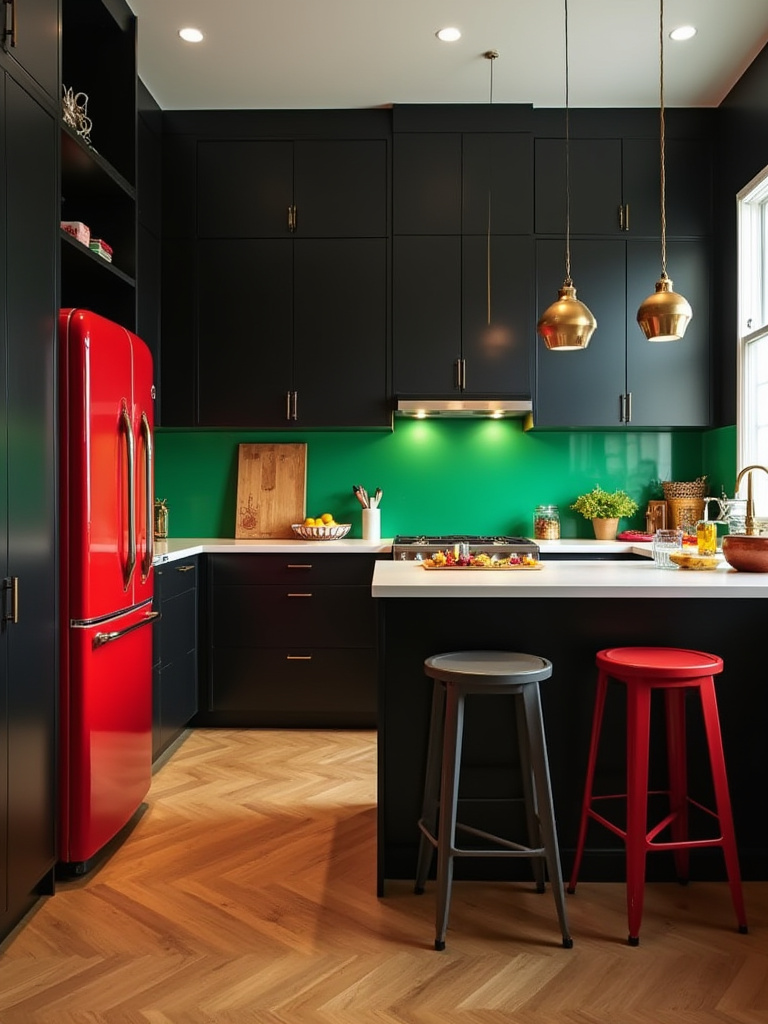 Chic black kitchen with vibrant emerald green backsplash and retro red refrigerator