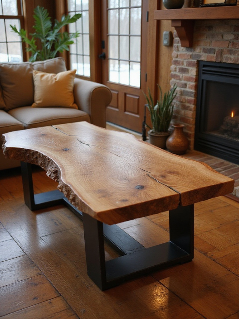 Rustic living room with live-edge oak coffee table and wrought iron base