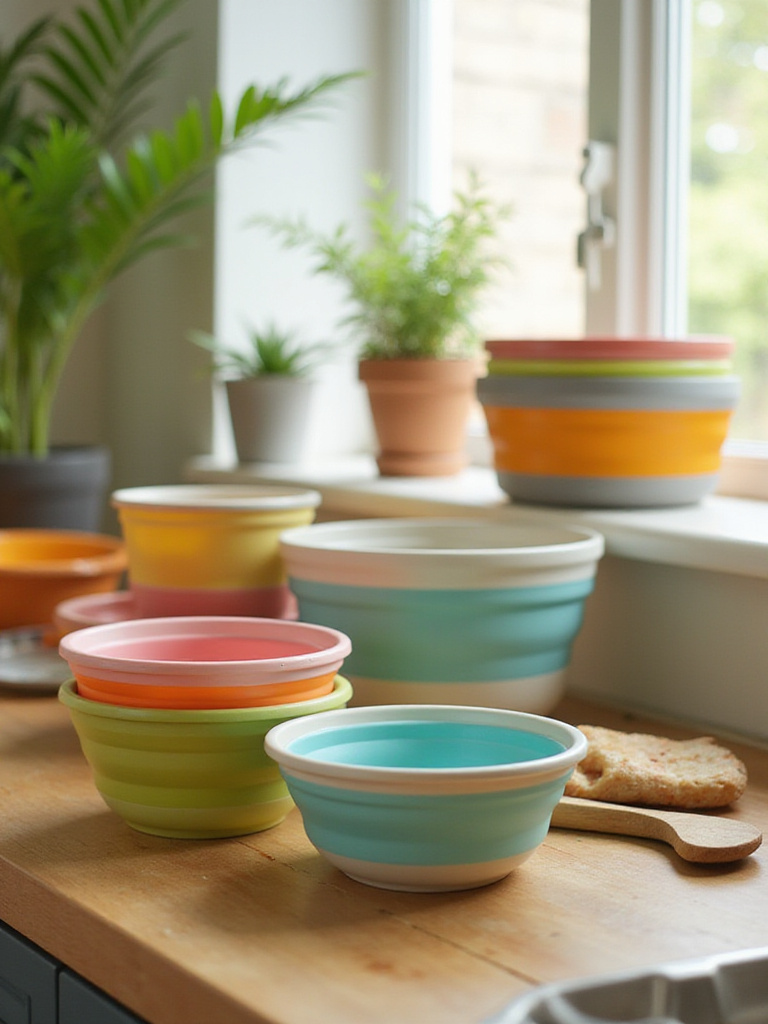 Collapsible cookware including folding bowls and stackable pots arranged in a cozy kitchen setting