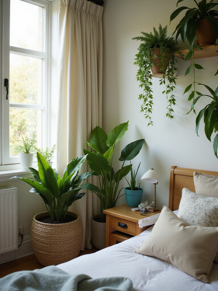 Serene bedroom retreat with indoor plants and greenery.