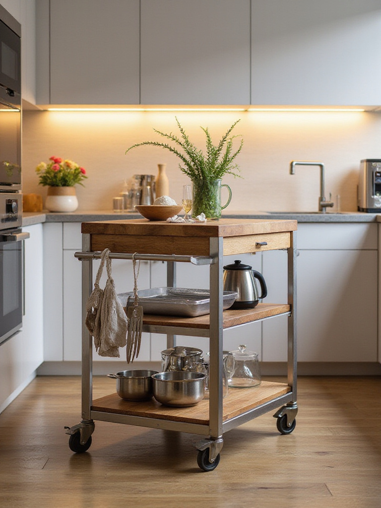A modern wheeled kitchen cart in a stylish small kitchen with organized utensils and appliances.