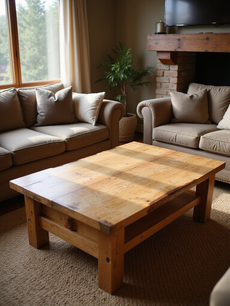 Rustic living room featuring a solid wood coffee table with natural light