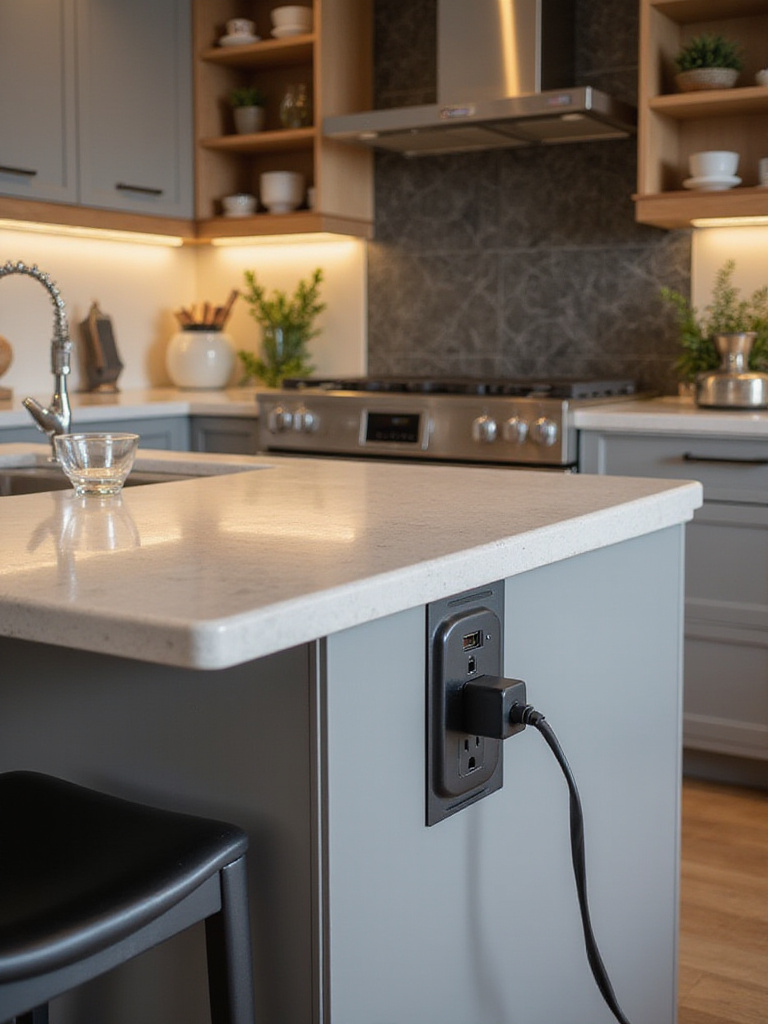 Modern kitchen bar with built-in USB ports and electrical outlets integrated into the countertop.