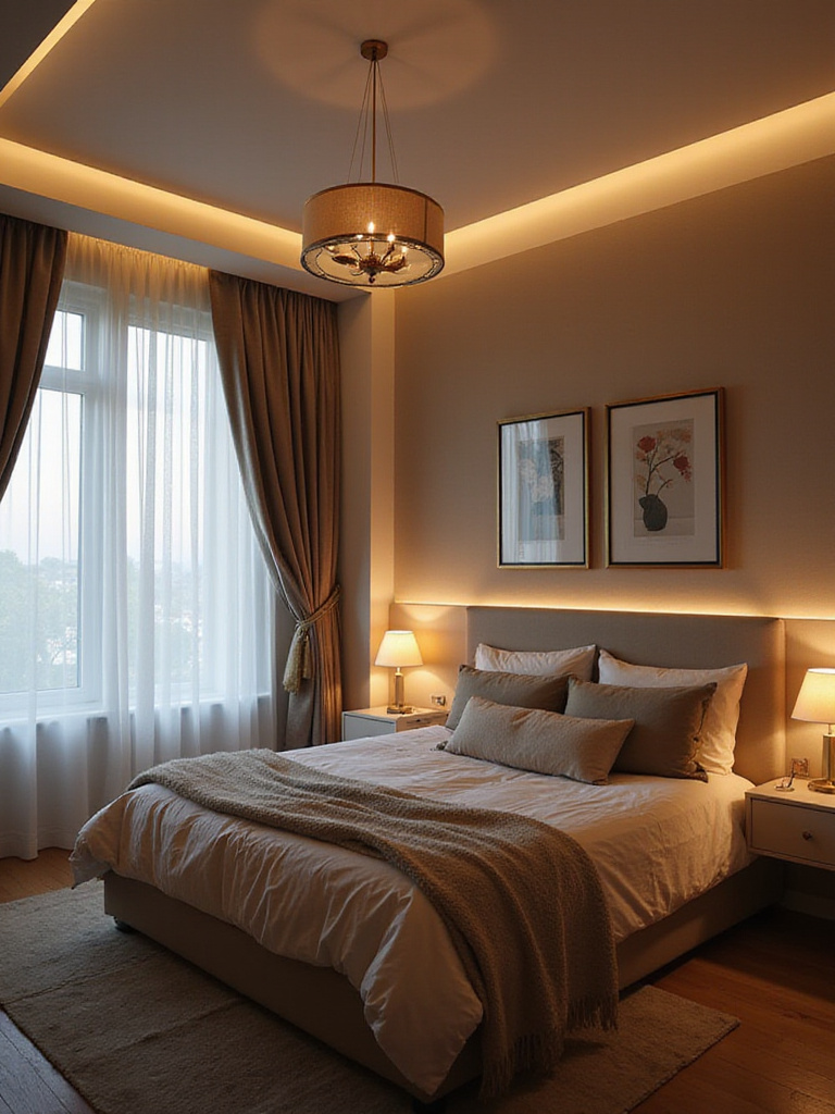A cozy bedroom showcasing layered lighting with modern fixtures.
